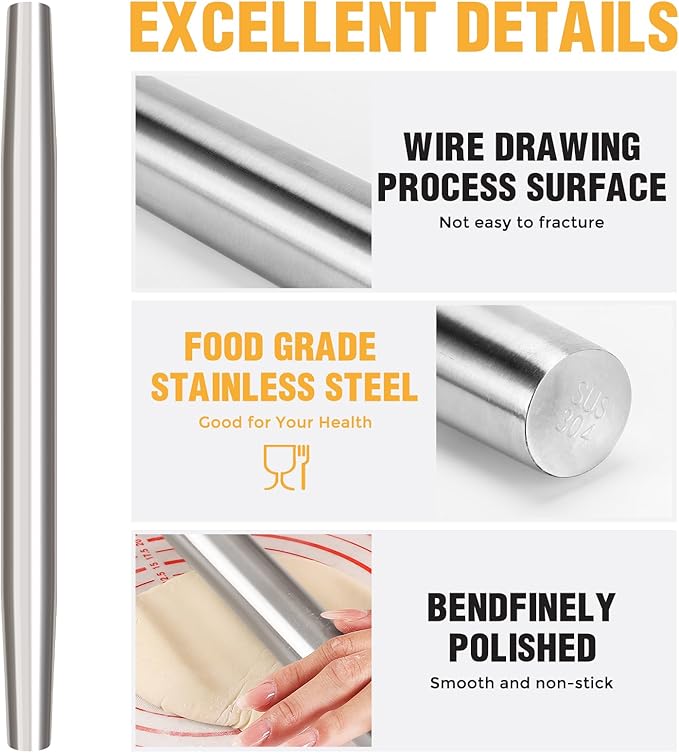 Rolling pin, Smooth Stainless Steel Rolling Pin, Rolling Pin for Baking Fondant, Pizza, Pie, Pastry, Pasta, Dough, Cookies (8.86in)