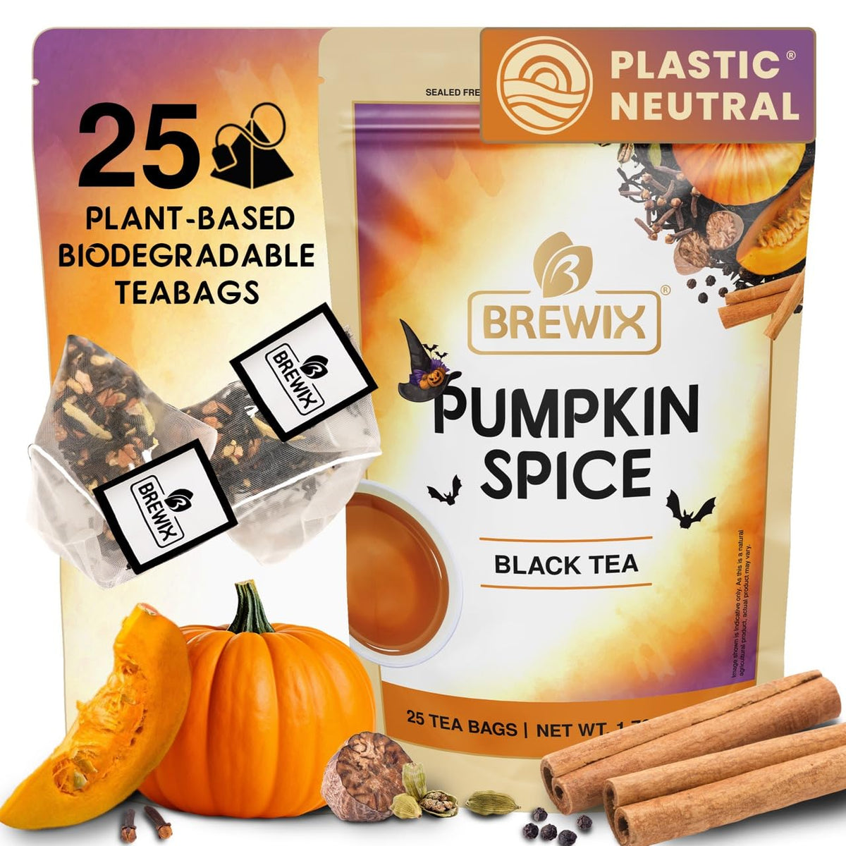 BREWIX, Pumpkin Spice Black Tea Bags (25 Pyramid Bags) | Cozy Fall Blend with Cinnamon, Ginger, Nutmeg & Clove | Caffeinated, Warm & Aromatic | Perfect for Autumn & Halloween