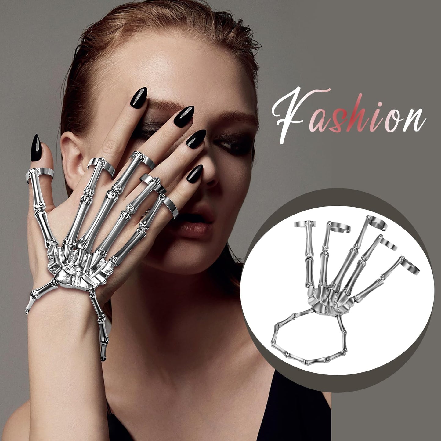 Cupimatch Women Halloween Skeleton Bracelet: Gothic Claw Hand Chain with Ring Punk Costume Jewelry