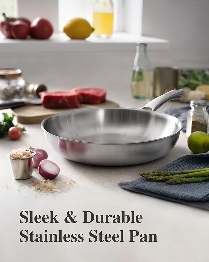 Stainless Steel Pans, Stainless Steel Cookware Set, 8/10/12 Inch with Lid, PFOA & PTFE Free Skillets, Non Toxic Chef's Pan Set, Frying Pans for Cooking, Oven & Dishwasher Safe, Induction Compatible