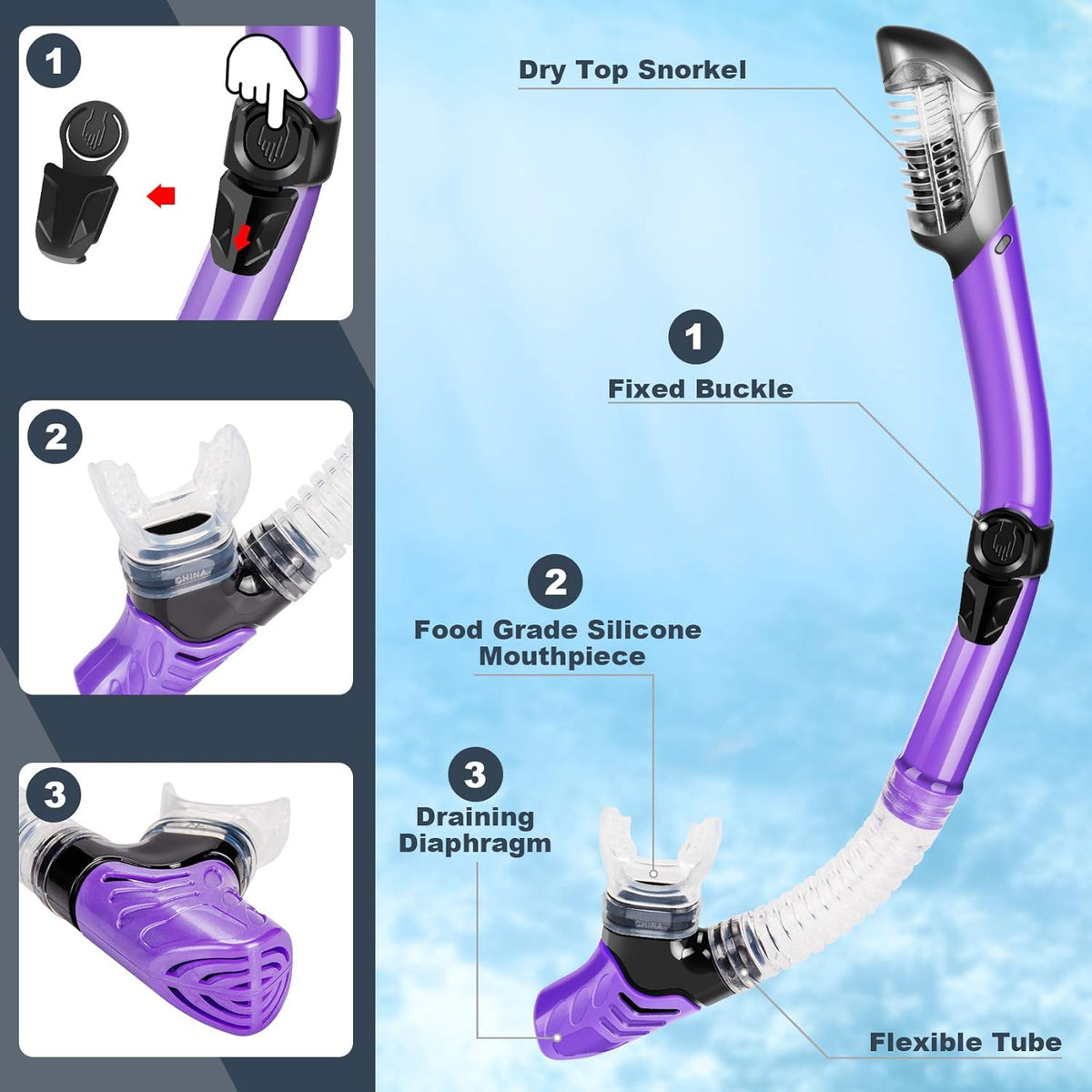 ZEEPORTE Mask Fin Snorkel Set, Travel Size Snorkeling Gear for Adults with Panoramic View Anti-Fog Mask, Trek Fins, Dry Top Snorkel and Gear Bag for Swimming Training, Snorkeling Kit Diving Packages