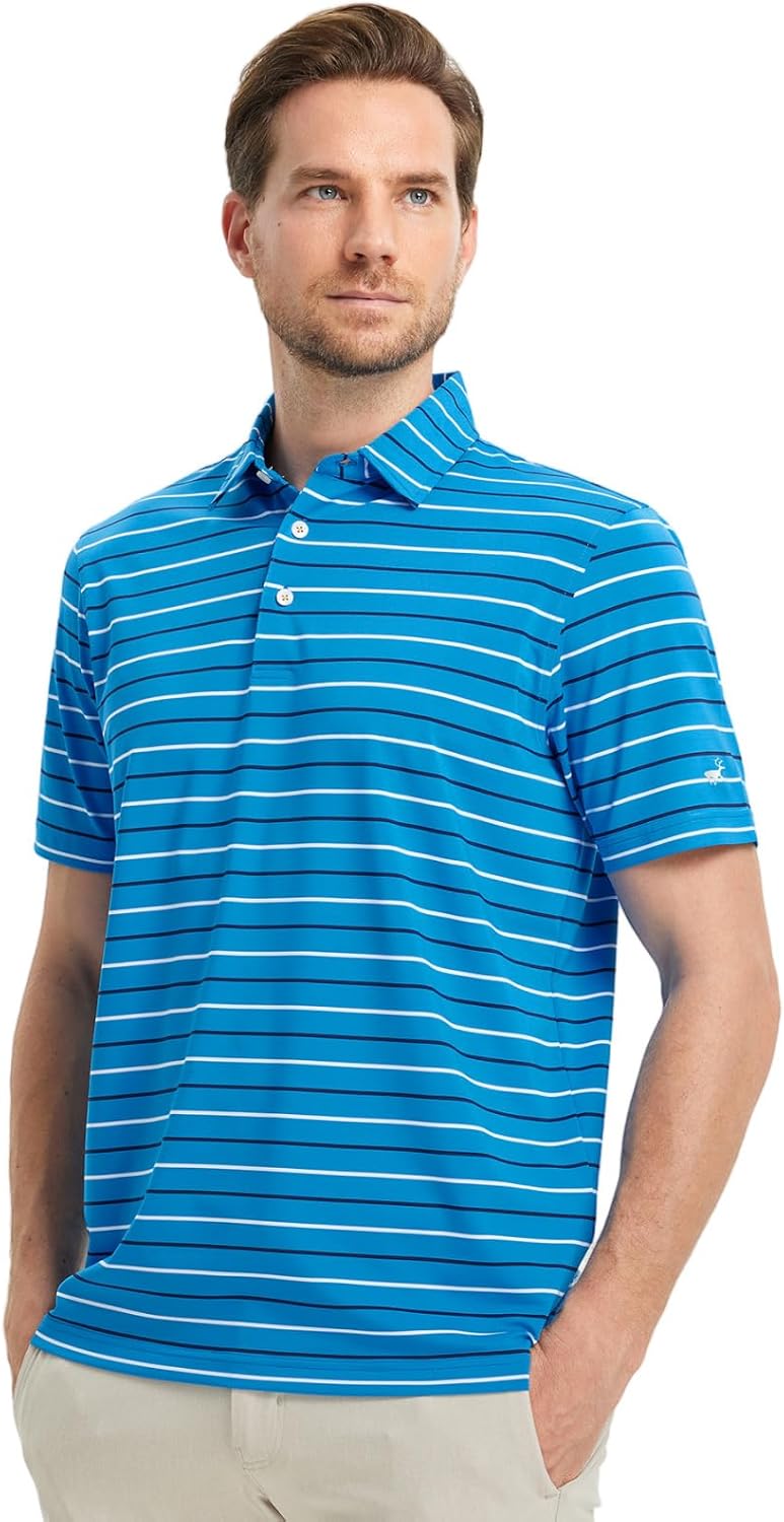 Rouen Mens Golf Shirt Moisture Wicking Dry Fit Performance Stripe Casual Collared Short Sleeve Golf Polo Shirts for Men
