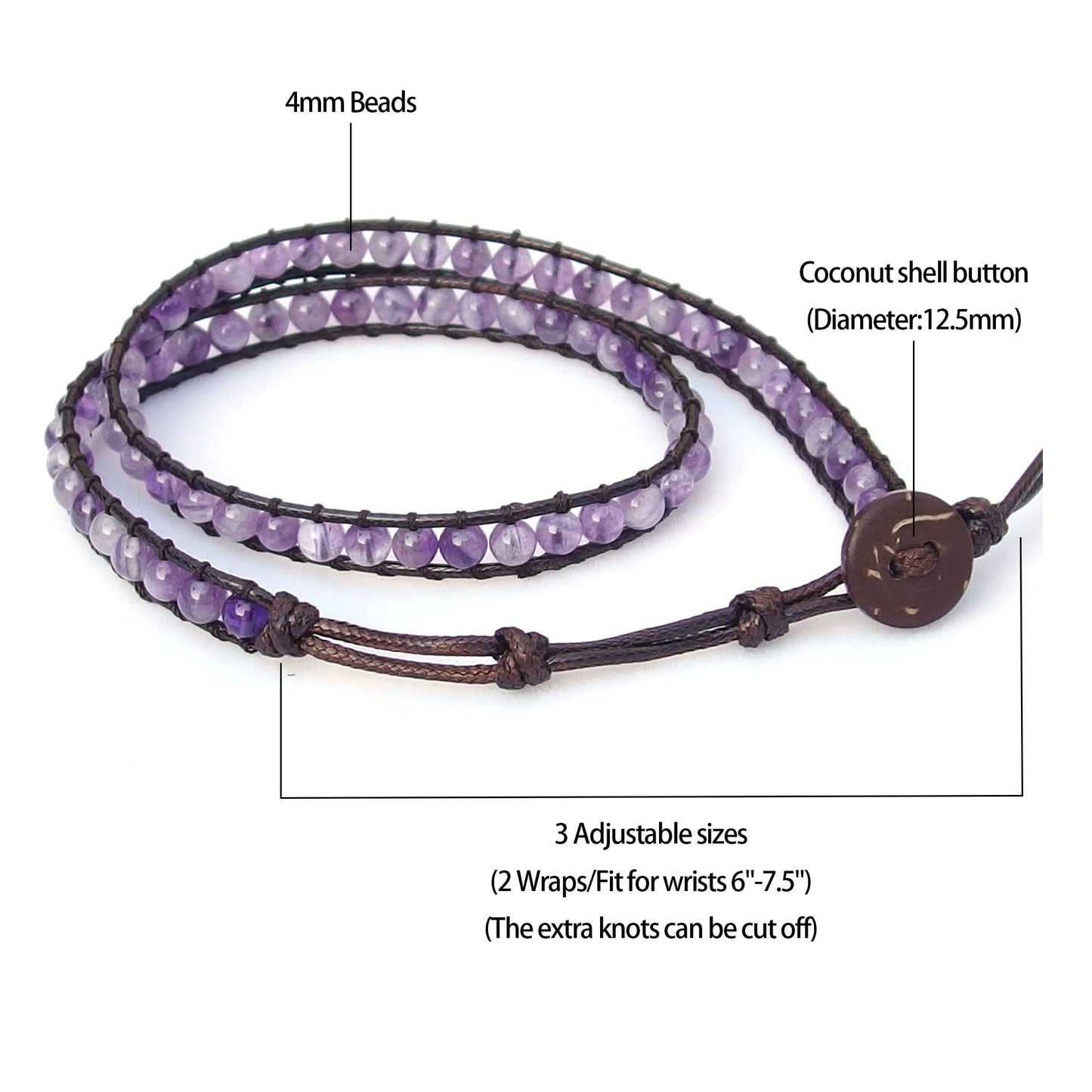 Ayriwoyi Purple Amethyst Bracelet Beaded Wrap Bracelet for Women Healing Crystal Bracelet Adjustable Natural Stone