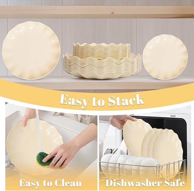 LIYH 50 Pcs Beige Plastic Plates Reusable Unbreakable Dinner Plates Scalloped Plastic Plates Dishwasher Safe Ivory Plate Sets Perfect for Parties Birthday Picnics BPA Free (25Guests)