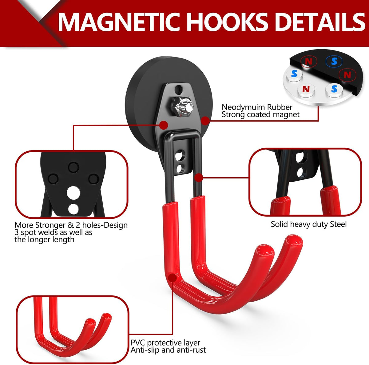 3-H Heavy Duty Magnet Garage Hooks 2 Pack, J Shape Strong Magnetic Hooks for Hanging Cordless Power Drill, Utility Magnetic Tool Holder for Metal Cabinet, Steel Pegboard, Toolbox, Garage(Red)