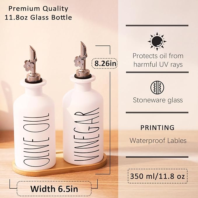 HOMCDALY Premium Olive Oil Dispenser for Kitchen, 11.8oz Glass Oil Bottles with Bamboo Tray, White Oil&Vinegar Cruet Set, Kitchen Dispenser Bottles with Pourer| Set of 2 (11.8oz –P–White)