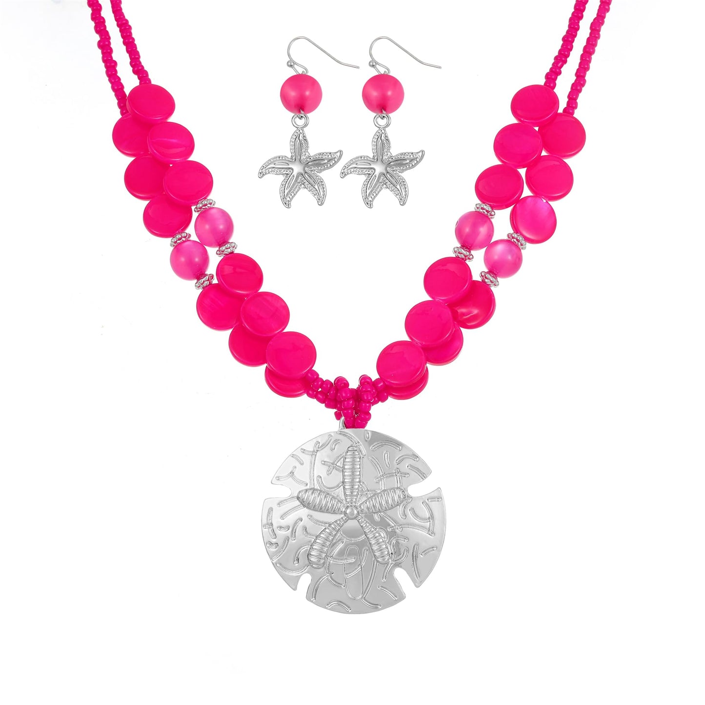 Perla Boho Starfish Necklace for Women, Chunky Layered Shell Beads Choker Necklace and Earrings Set, Ocean-Themed Summer Beach Jewelry (Fuchsia pink)