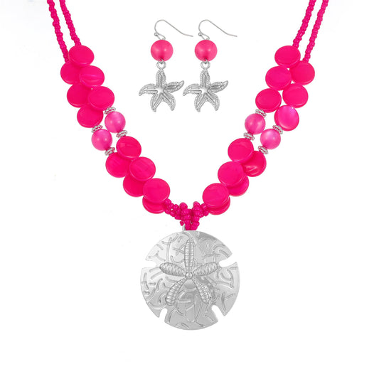 Perla Boho Starfish Necklace for Women, Chunky Layered Shell Beads Choker Necklace and Earrings Set, Ocean-Themed Summer Beach Jewelry (Fuchsia pink)