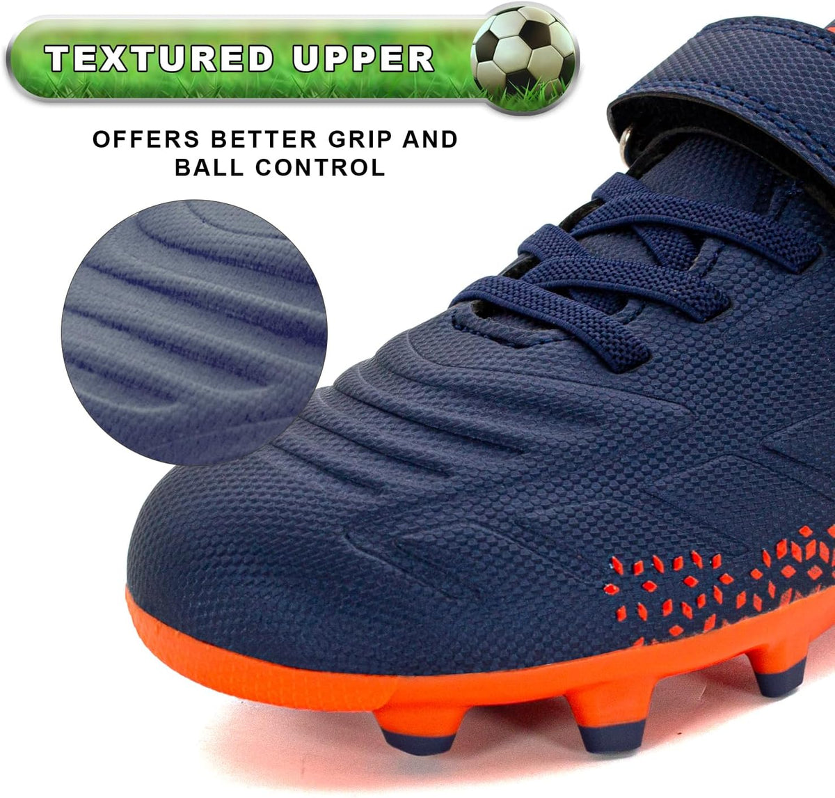 RUNIC Kids Soccer Cleats for Boys and Girls - Small and Big Kid Athletic Outdoor Football Shoes - Firm Ground - Hook and Loop Closure - Black/Gold