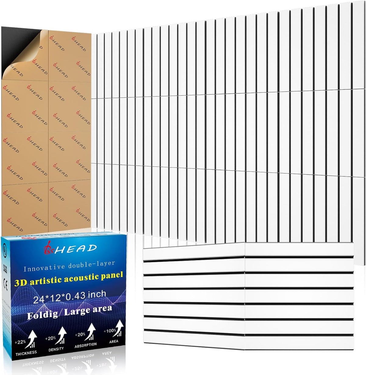 8 Pack 2-Layer Fold Soundproof Wall Panels, 24 x 12 x 0.41 in Large Sound Proof Foam Panels for Walls, 0.9lb/ft³ High Density, 3D Acoustic Panels,Artistic Noise Dampening Panels White&Black