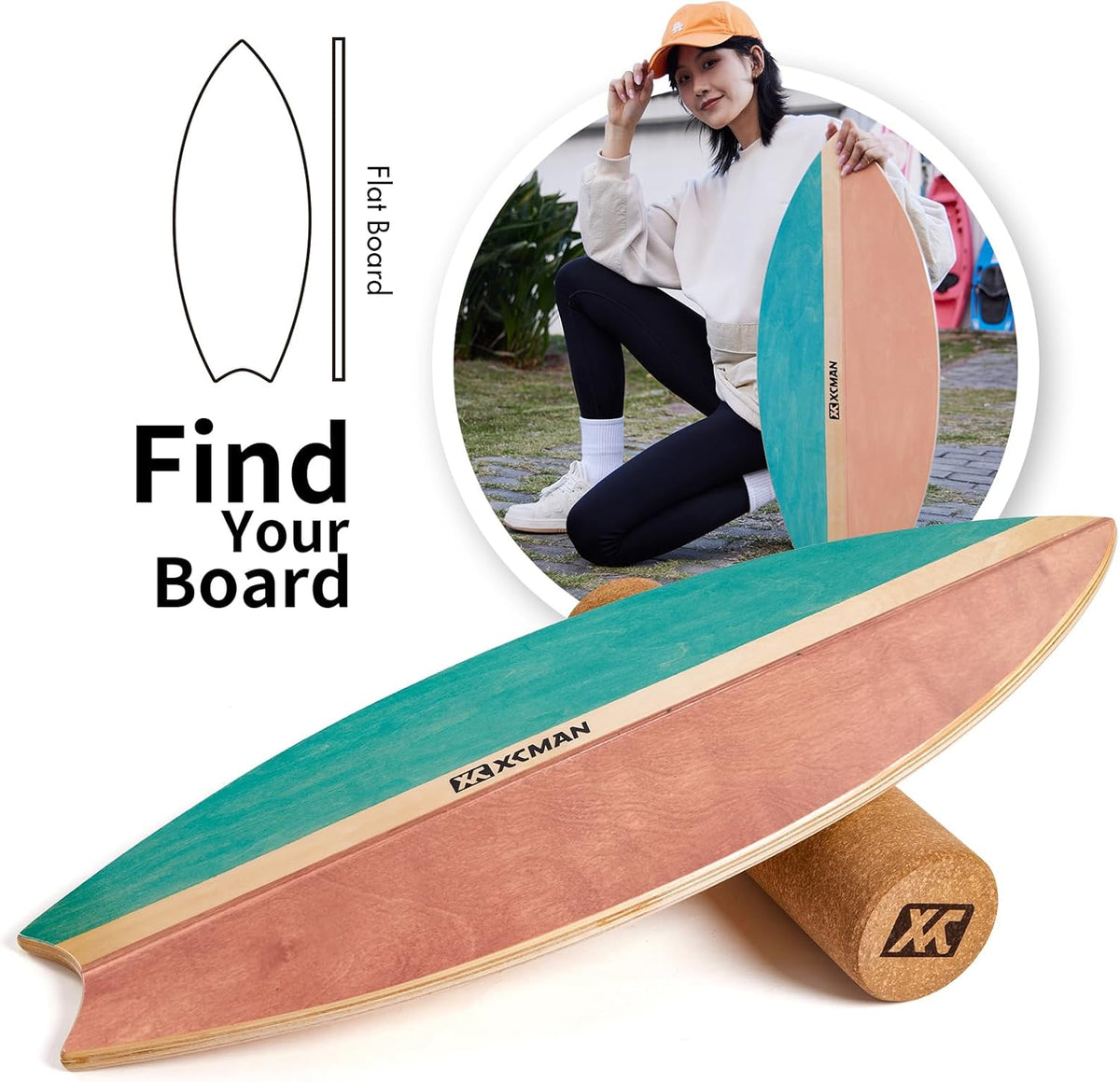 XCMAN Surf Balance Board Trainer with Roller Wooden Exercise Balancing Stability Trainer - Non Slip Surface for Adults Kids|Balance Board for Surfing,Snowboarding,Skateboarding,Hockey,Yoga Training