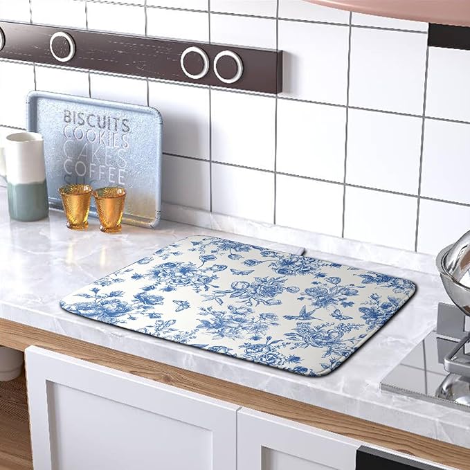 Dish Drying Mat for Kitchen Counter Blue and White Floral Drying Mats Chinoiserie Vintage Flowers Dish Drying Pad for Dishes Microfiber Absorbent Dish Drainer Rack Mat for Countertop 16x18 Inch