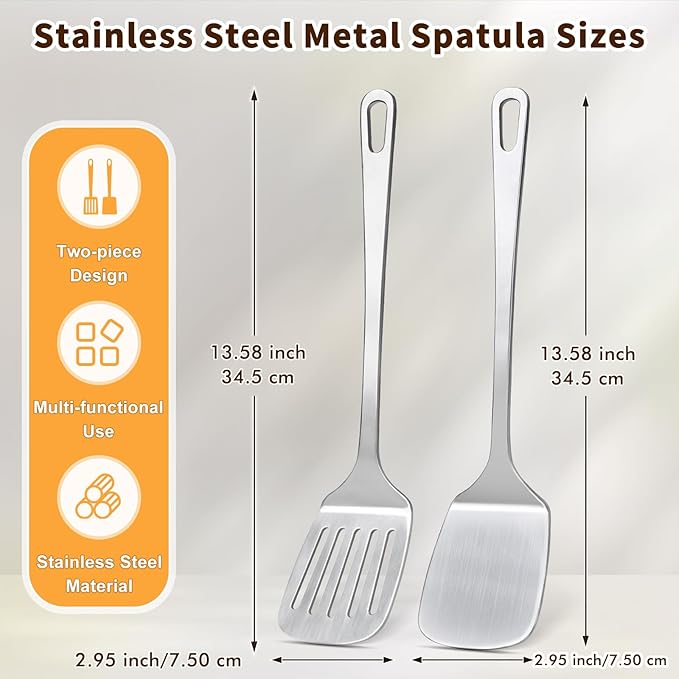 Stainless Steel Spatula, Metal Spatula Slotted Turner, Heavy Duty Sturdy Spatulas for Kitchen Use, High Heat Resistant Cooking Utensils for Fish Eggs Pancakes, Dishwasher Safe, Easy to Clean, Silver