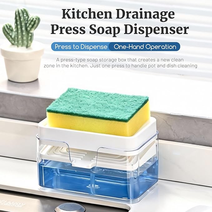 Dish Soap Dispenser for Kitchen Sink,2 in 1 Premium Sponge Holder, Dishwashing Soap Pump Dispenser for Countertop (White)