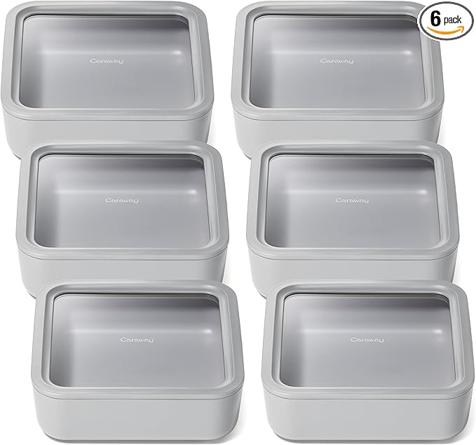 Caraway 6pc Glass Food Storage Set – 10 Cup Food Containers (6) - Ceramic Coated - Non Toxic, Non Stick with Lids - Microwave Safe - Gray