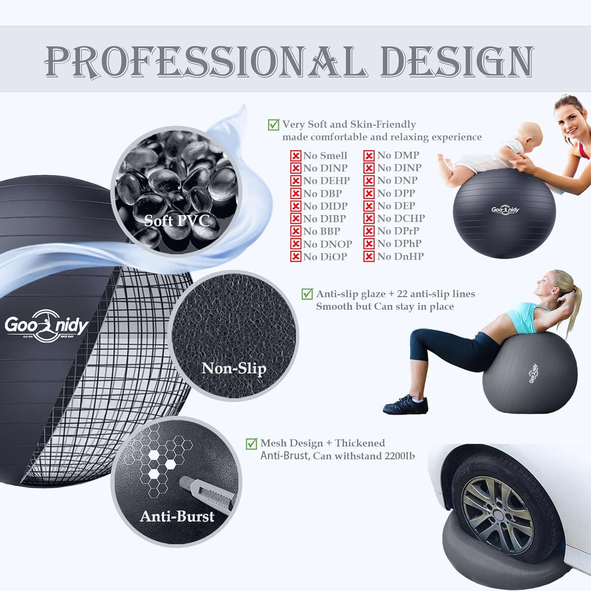 Soft Exercise ball, Anti-Burst Yoga Ball Chair Supports 2200lbs, Workout Equipment w/ Pump for Women Pregnancy, Medicine, Birthing, Physical Therapy, Stability, Excersing, Birth, Swiss, Fitness, Gym