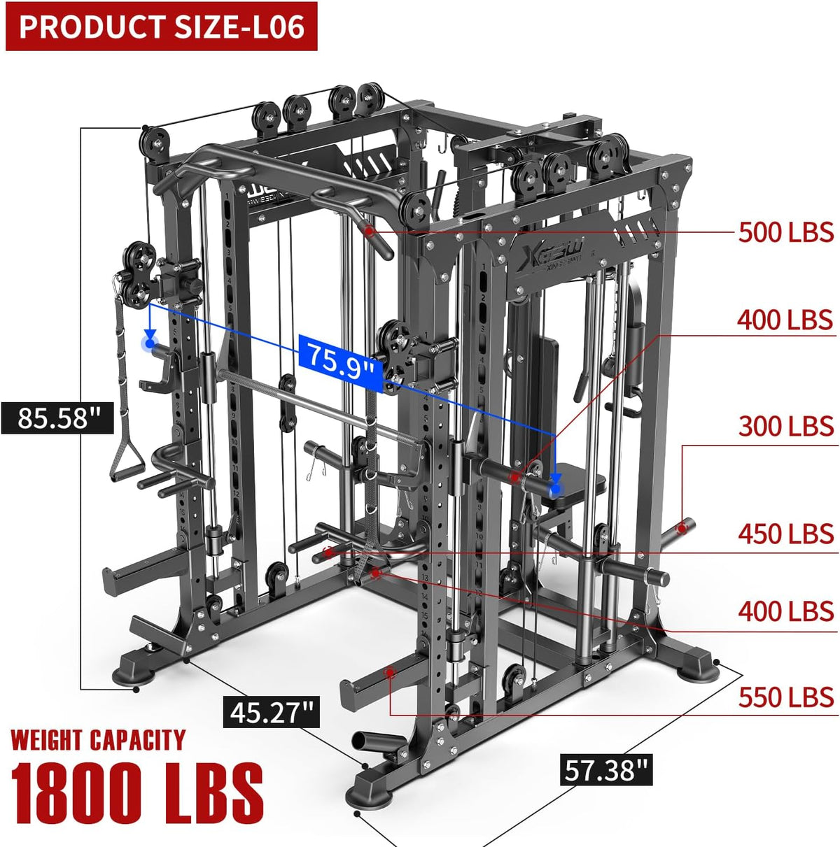 Power Cage,1600lbs Multi-Function Power Rack with Adjustable Cable Crossover System and More Training Attachment, Weight Cage for Home Gym