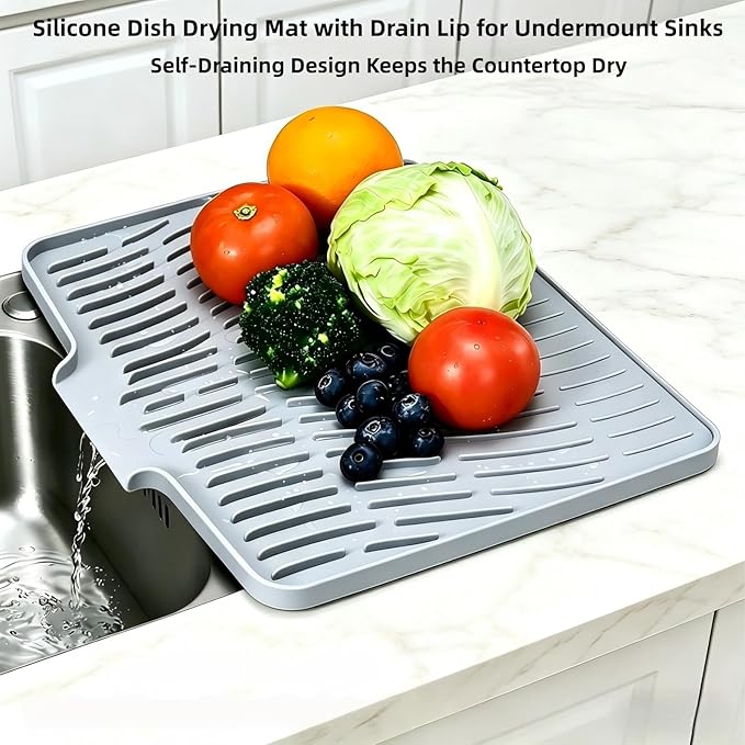 Silicone Dish Drying Mat for Kitchen Counter Sink,16"x13" Gray Rubber Dish Drying Mat with Drain Lip & Lanyard,Non-Slip dish drying Pad,silicone drying mat easy clean dish drain mat