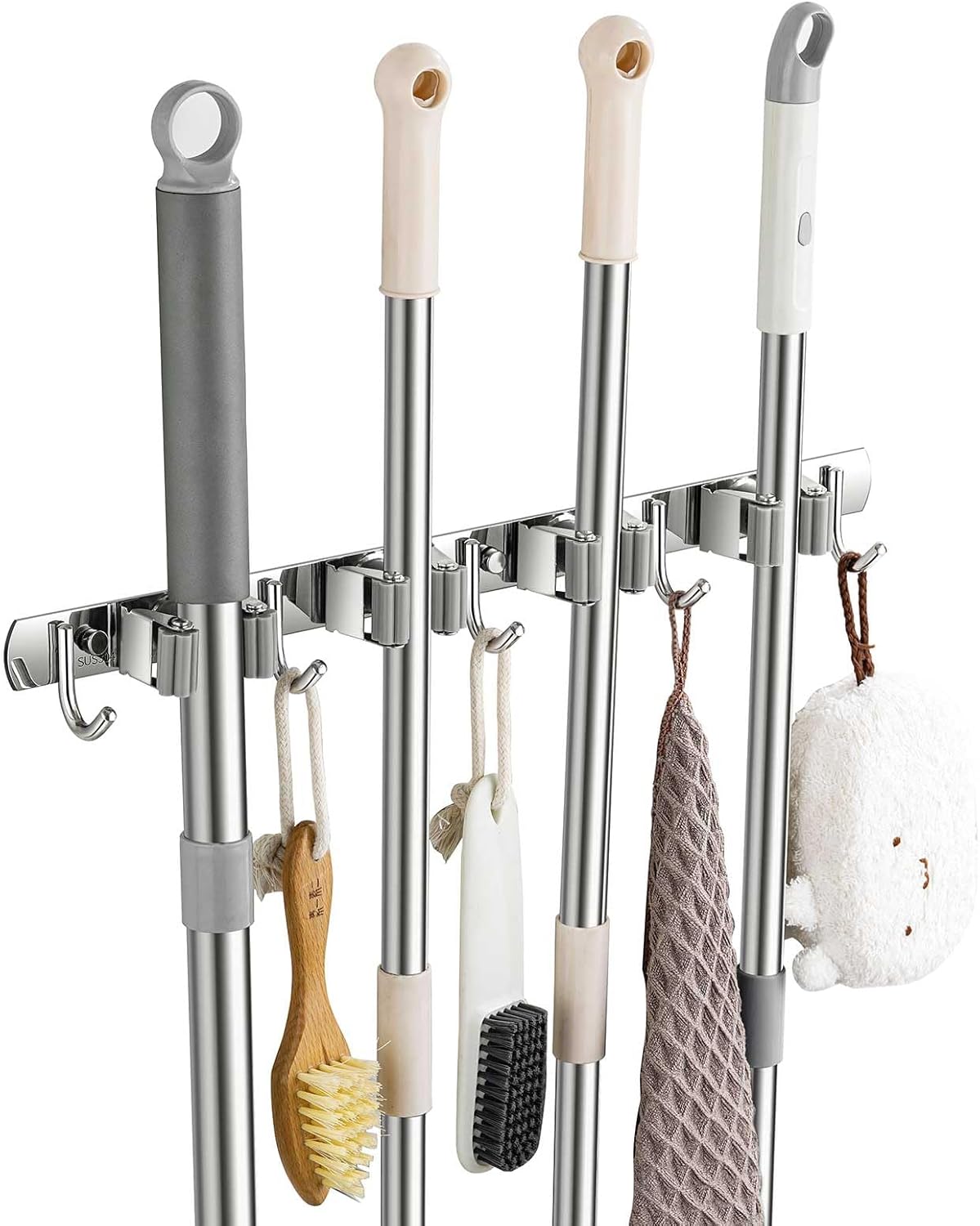 Broom Holder Wall Mount, Stainless Steel Broom Hanger Wall Mount, Heavy Duty Mop and Broom Holder Tool Racks Utility Hooks for Laundry Room Garden Garage, Grey (4 Racks and 5 Hooks)