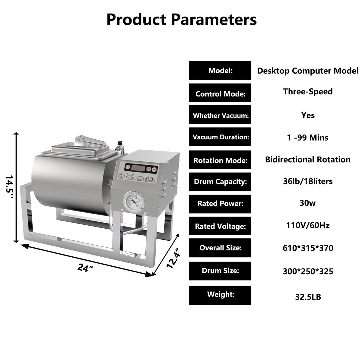 Hakka Meat Tumbler Marinator, Vacuum Curing Machine, Rapid Marination Process, 36lb/18 liters
