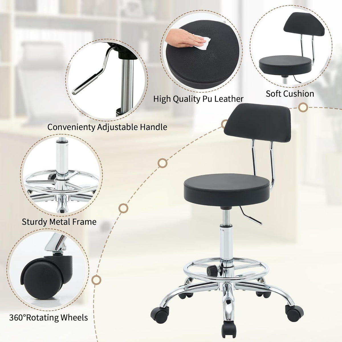 Rolling Stool with Back,Adjustable Height Foot Rest Rolling Salon Chair 19.5’’-26.6’’,Black Ergonomic Stool (Black)