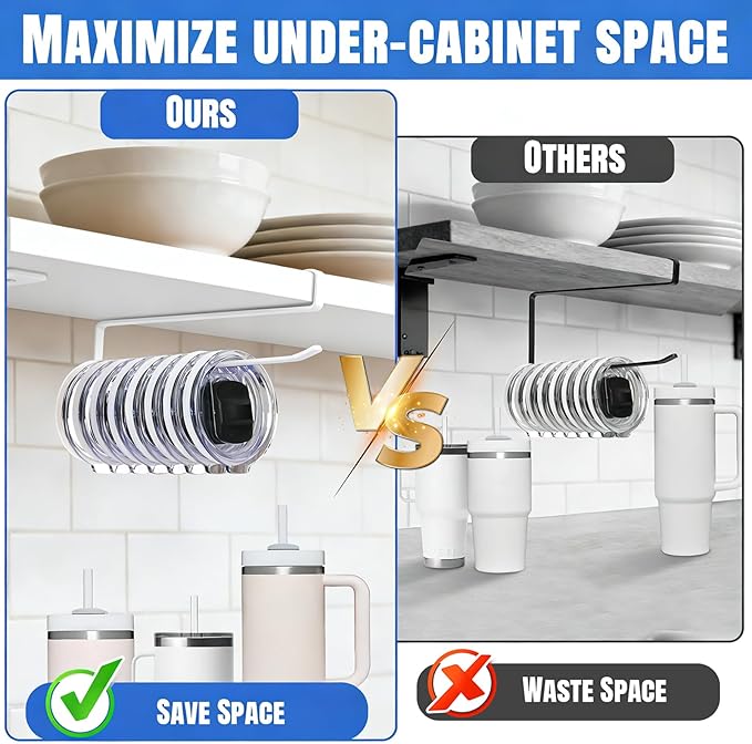 1 Pack Tumbler Lid Organizer, Versatile Cup & Water Bottle Lid Holder, Upgraded Kitchen Space Saver & Under Cabinet Storage, No Adhesive or Drilling Needed, Multi-Use Tumbler Lid Holder, White