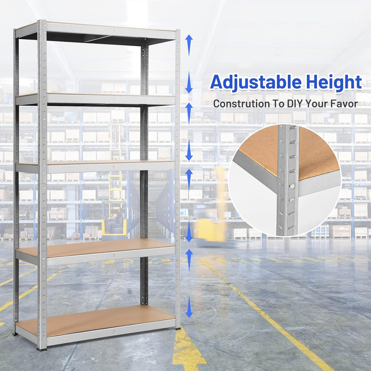 ERGOMASTER 5 Tier Utility Shelves Rack Garage Heavy Duty Steel Metal Shelving Unit with Adjustable Design, Bolt-Free Assembly & 385 LBS Wight Capacity Per Tier (1, Silver)