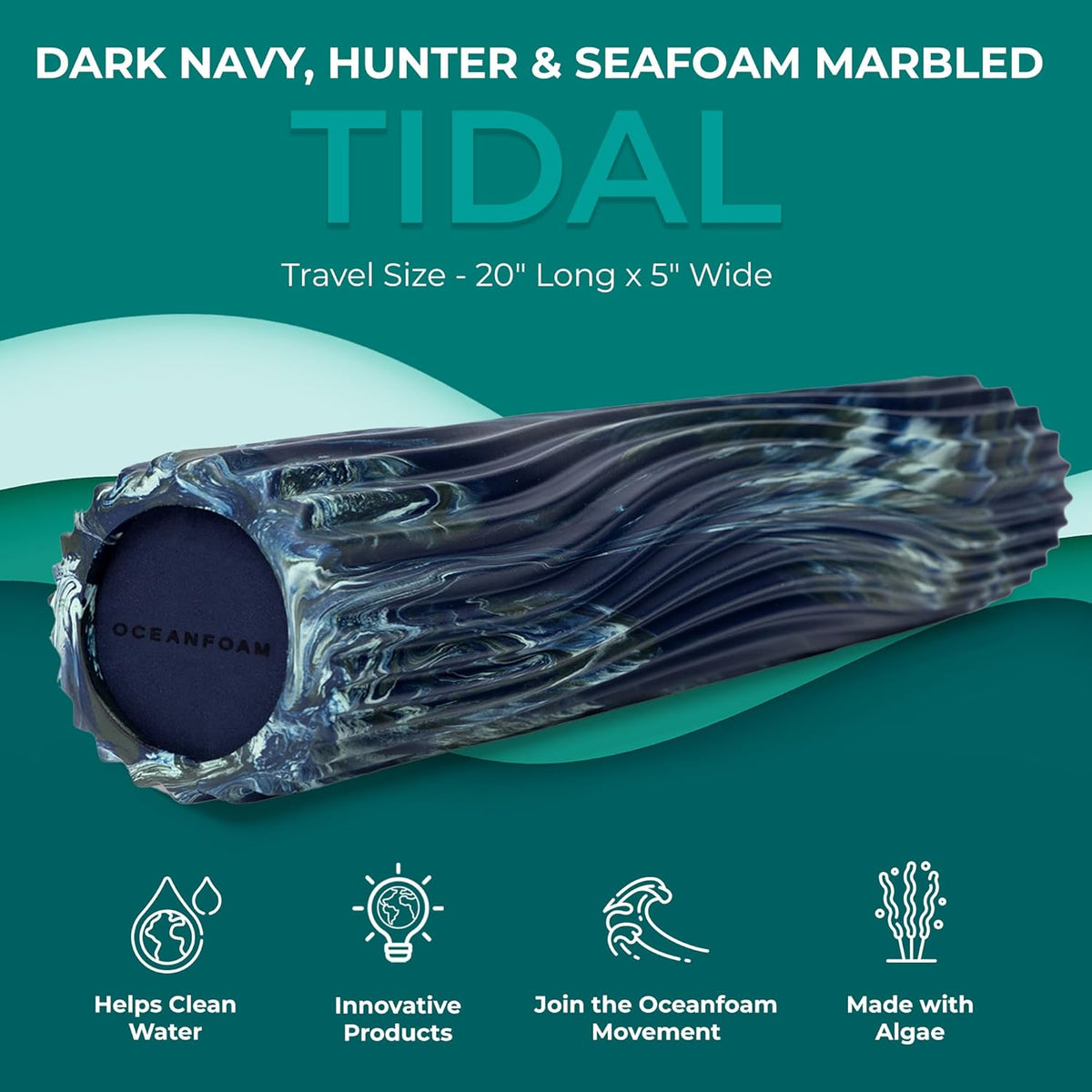 Oceanfoam Tidal Roller - Dark Navy, Hunter & Seafoam Marbled - Muscle Massage Foam Roller for Back Pain & Stretching - Firm & Ergonomic Wide Wave Textured - Yoga & Athletics - Full Size, 20" x 5"