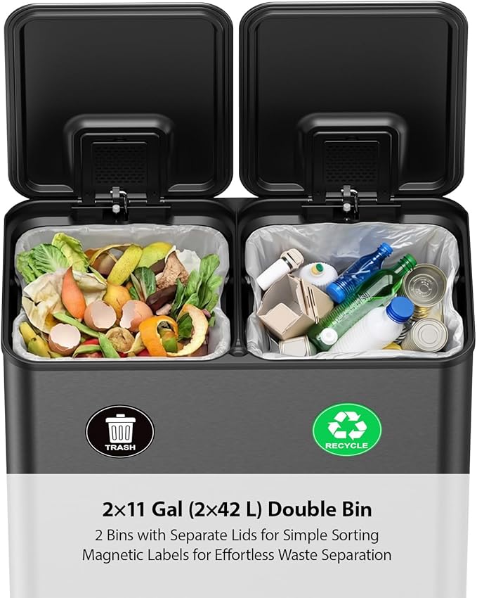 Lovewind Dual Trash and Recycling Bins for Kitchen, 2 * 11-Gallon Stainless Steel Double Trash Can, Step-On Garbage and Recycle Combo, Quiet Close, Pet-Proof, Compatible with 13-Gallon Bags, Black