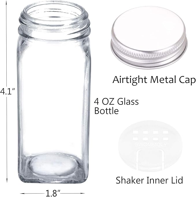SWOMMOLY 48 Glass Spice Jars with 713 Spice Labels, Chalk Marker and Funnel Complete Set. 48 Square Glass Jars 4OZ, Airtight Cap, Pour/sift Shaker Lid