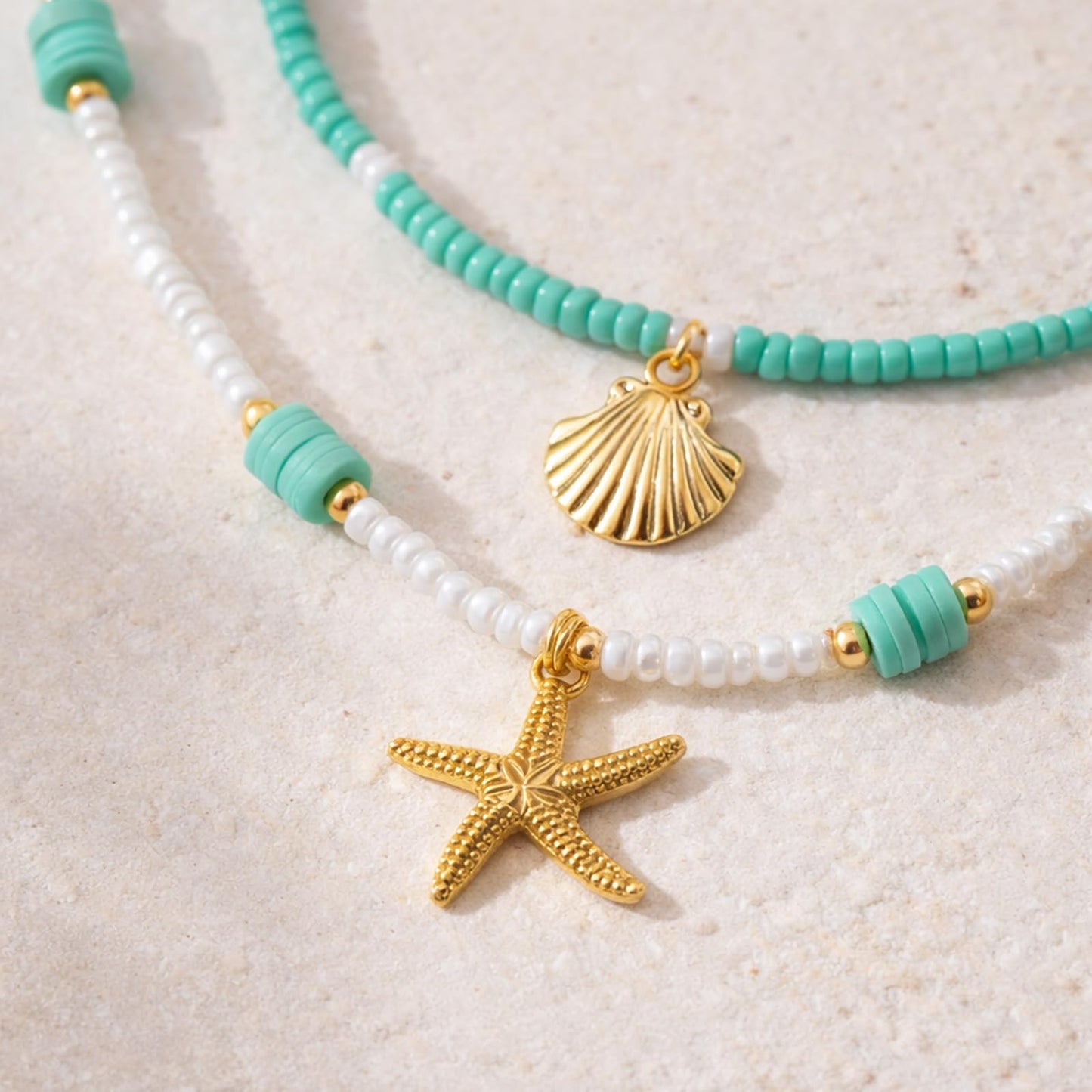 NMZH Shell Starfish Pendant Layered Necklace Set，2 Pcs Boho Y2k Blue White Beaded Gold Seashell Star Charm Choker Summer Beach Ocean Dainty Adjustable Trendy for Women Jewelry Gifts (Blue)