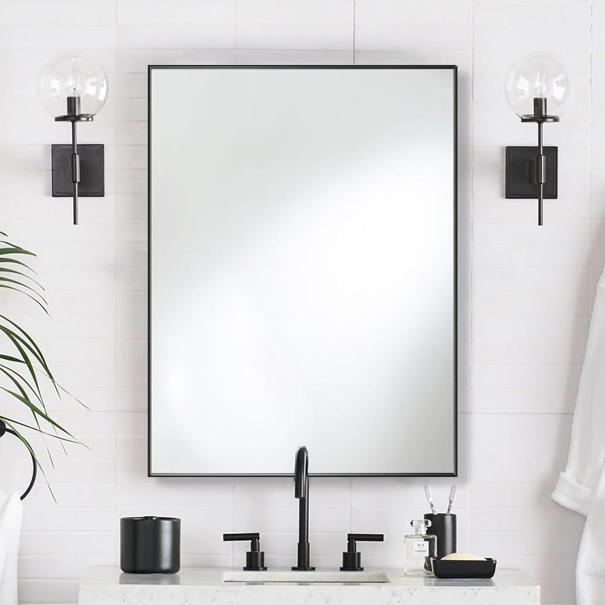 30x40 Inch Black Bathroom Mirror for Wall, Aluminum Frame Rectangle Rectangular Vanity Mirror, Modern Large for Bedroom, Living Room, Horizontal or Vertical
