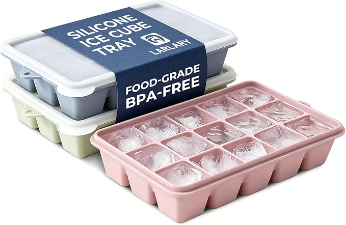 Silicone Ice Cube Trays with Lids 3-Pack, 15-Cavity Ice Tray Set for Freezer, Easy-Release BPA-free Ice Cube Mold for Whiskey, Coffee, Cocktails and More (3, Green+Blue+Pink)