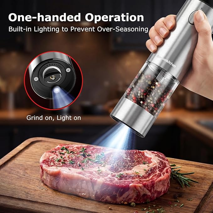 Bonsenkitchen Electric Salt and Pepper Grinder Set Rechargeable, 95ml Large Capacity Salt Shaker with LED Light, USB-C Fast Charging Automatic Pepper Mill with 5 Adjustable Coarseness for Kitchen, BBQ