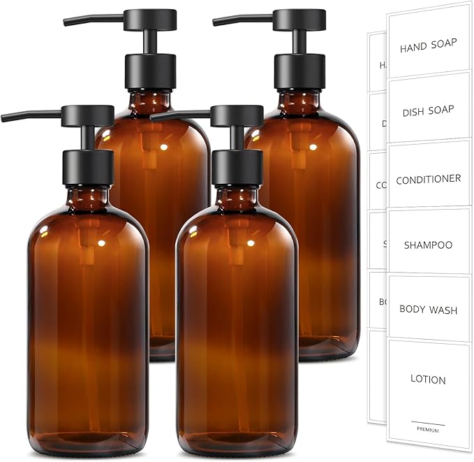 GMISUN Amber Glass Soap Dispenser, 4 Pack Bathroom Hand Soap Dispensers with Stainless Steel Flat Pump, 17 Fl Oz Kitchen Dish Soap Dispenser, Modern Vintage Liquid Brown Soap Dispensers Bottle Set