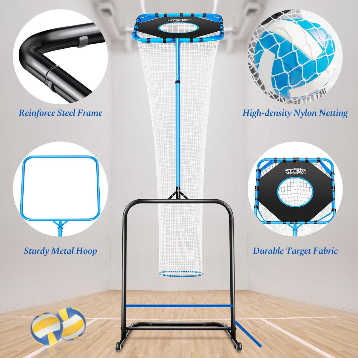 Volleyball Setter Training Net，Height & Angle Adjustable Volley Ball Training Equipment with Steel Frame，Stable Base for Indoor and Outdoor，Volleyball Spike Trainer for Setting,Serving,Spiking