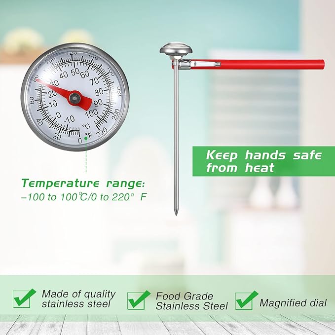 Xuhal 6 Pcs Stainless Steel Kitchen Thermometer with 5 Inch Long Stem 1 Inch Dial Thermometer Milk Frothing Food for Oven Probe Meat Grill BBQ Cooking Chocolate Water(Red)