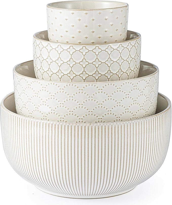 Mikiegy Ceramic Mixing Bowls Set of 4, Nesting Ceramic Embossment Stoneware Mixing Bowls for Cooking, Serving, Popcorn, Salad etc, Microwave & Dishwasher Safe, 20/44/98/145 oz, Off-White