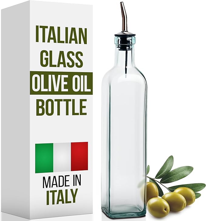 EHOMEA2Z Olive Oil Dispenser Bottle - 16 oz, Made in Italy Glass Olive Oil and Vinegar Cruet with Stainless Steel Spout for Kitchen, Slight Green Tint (2, 473 ml)