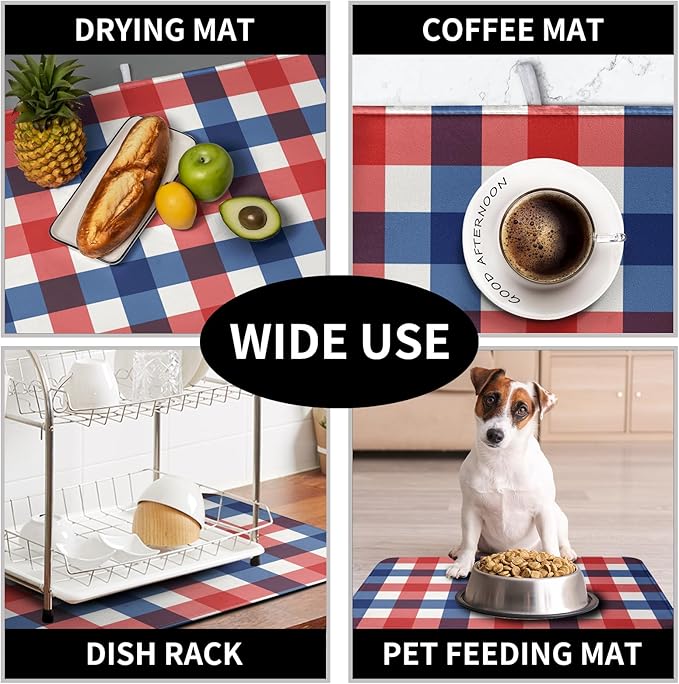 4th of July Dish Drying Mat Patriotic Buffalo Plaid Drying Mats for Kitchen Counter Absorbent Microfiber Dish Drainer Pad Independence Memorial Day Dish Draining Mat 16x18 Inch