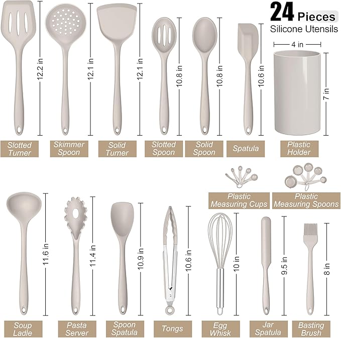 E-far Silicone Cooking Utensils Set, 24Pcs Heat Resistant Kitchen Utensil with Holder, Silicone Kitchen Tools with Spatula Turner Spoon Tongs Whisk, Non-Toxic & Dishwasher Safe (Khaki)