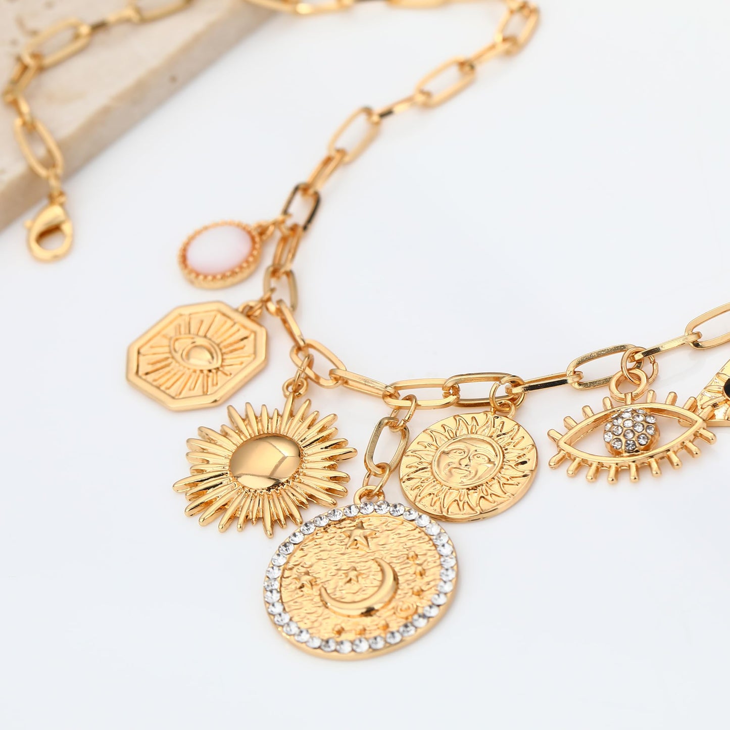 BONJOULRY Charm Necklace for Women Gold Sun Moon Evil Eye Coin Pendent Necklace Celestial Dainty Paperclip Chain Charms Necklaces Choker Necklaces Jewelry Coins