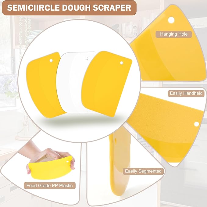5 Pcs Bench Scraper, Bench Scraper Kitchen 2 Pcs Stainless Steel Dough Scraper with Wood Handle and 3 Pcs PP Food Scraper with Hanging Hole, Multipurpose Bread Dough Cutter for Baking-Yellow