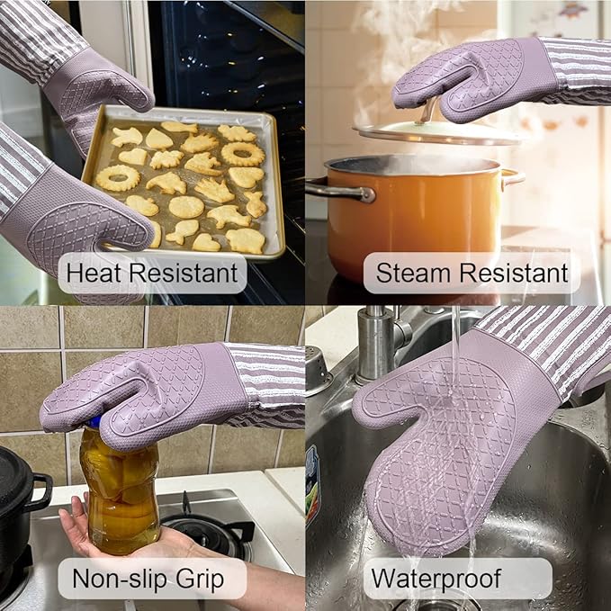 Alselo Silicone Oven Mitts Heat Resistant 932℉ with Waterproof & Non-Slip Kitchen Mittens, Set of 2 Extra Long Oven Gloves with Soft Cotton Terry Lining for Baking Cooking Barbecue(2, Purple Mitts)