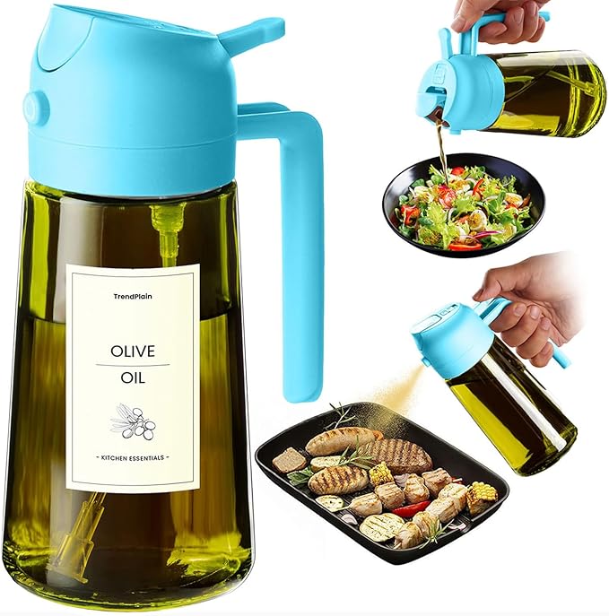 TrendPlain - Original 16oz/470ml Olive Oil Dispenser Bottle for Kitchen Gadgets and Air Fryer Accessories - Olive Oil Sprayer for Cooking w/Stickers - Sky Blue