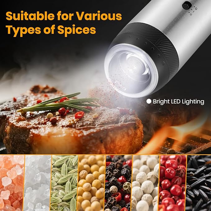 Rechargeable Gravity Electric Salt Grinder Set with Variable Grinding Speed, External Adjustable Coarseness,Charging Base and White LED Light,Stainless Steel