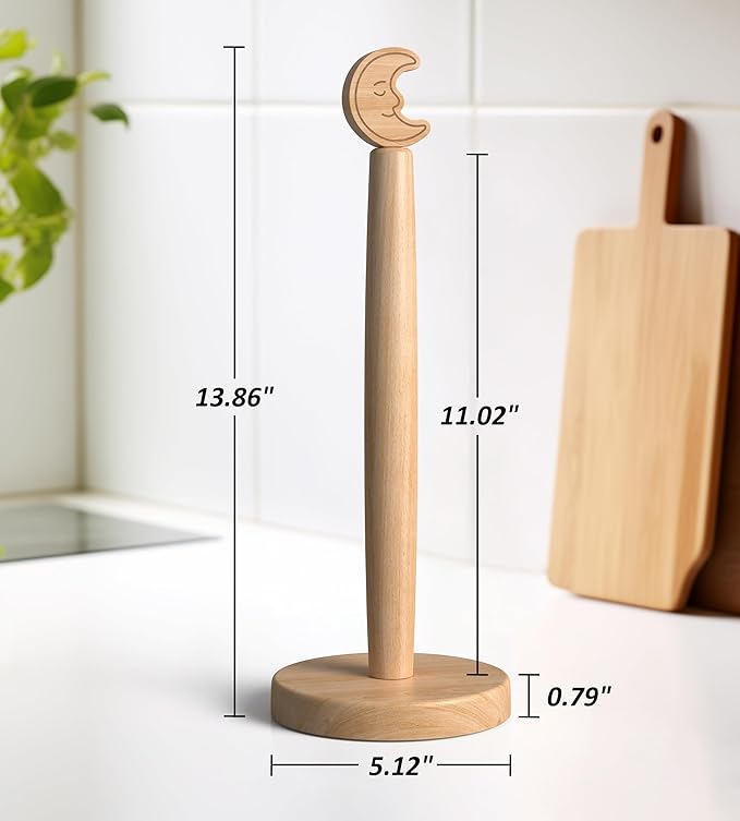 KitchLife Cute Wooden Paper Towel Holder Countertop - Solid Freestanding Paper Towel Dispenser Stand Organizer with Anti-Skid Base (Moon)