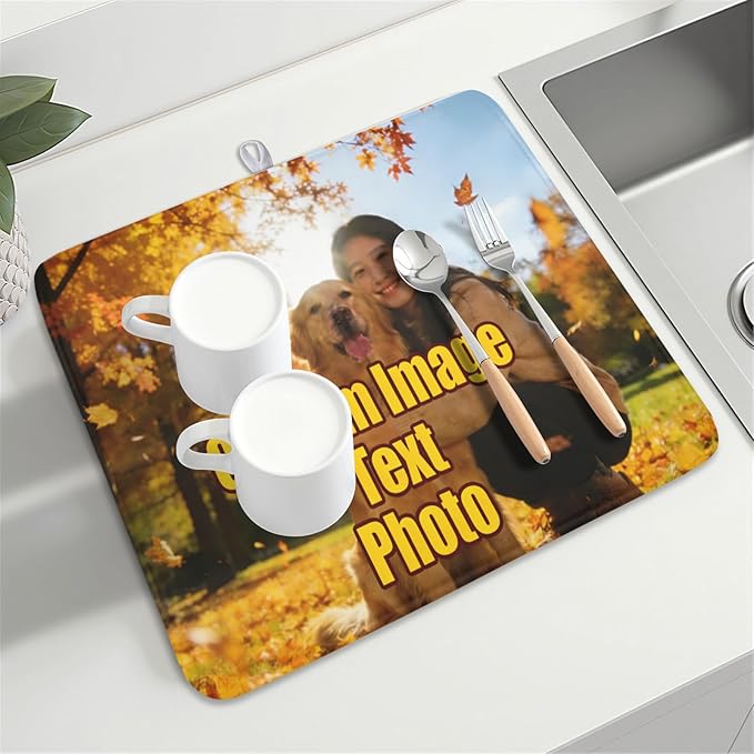 Personalized Dish Drying Mat for Kitchen Counter,Customized Drying Mats with Photo Text Image 16 x 18 Inch with High Absorbent Microfiber Drainer Mat for Coffee Bar