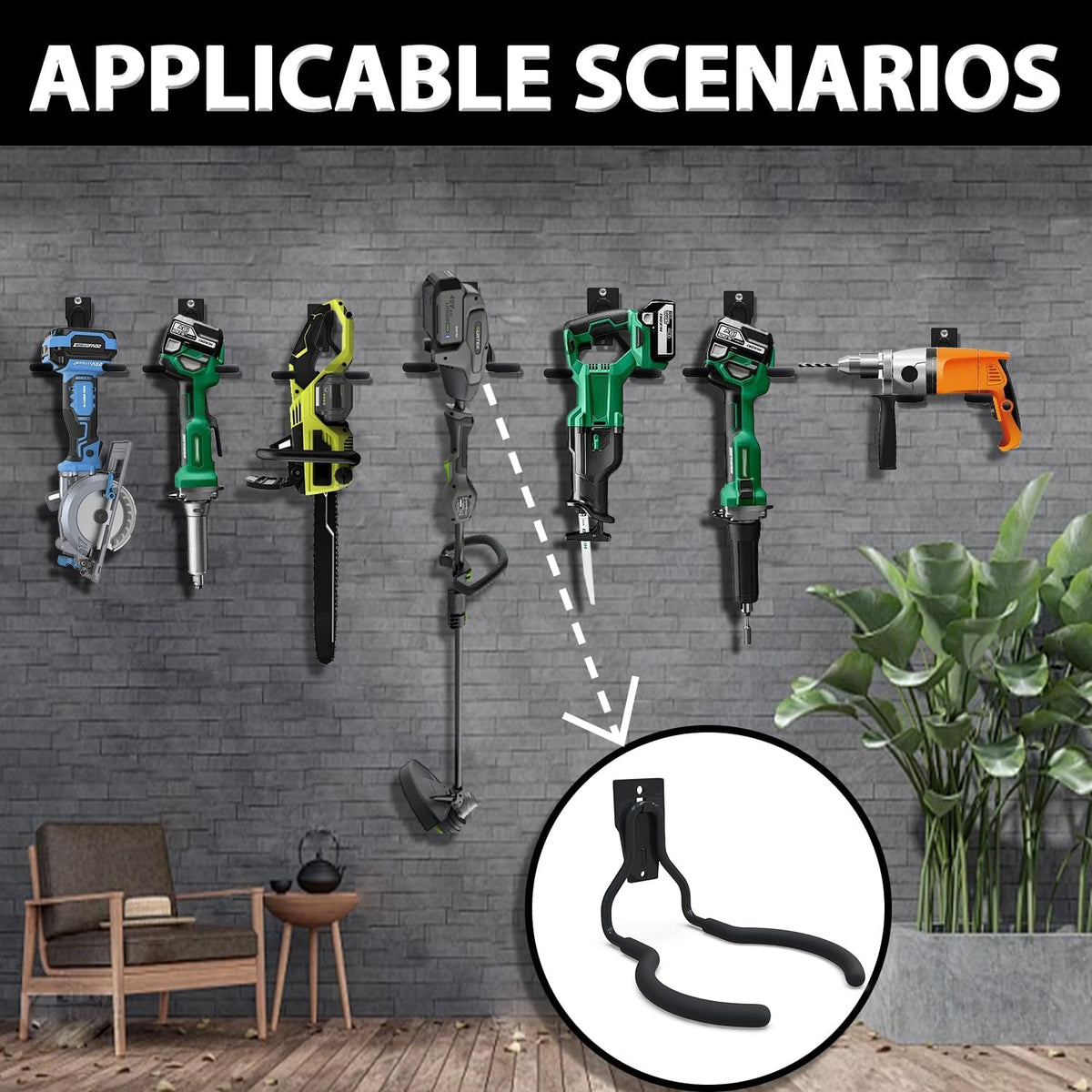 3-H Weed Eater Hanger 4 Pack,1 Garden Hose Holder,1 Extension Strap,Utility Weedeater Rack,Tool Hangers for Organizing and Hanging Weed Wacker,Leaf Blower,String Trimmer in Garden