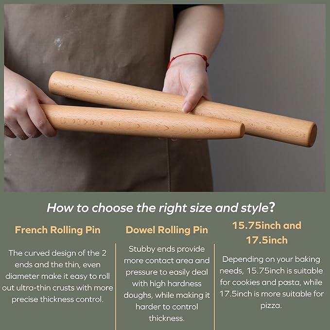 Muso Wood Wooden French Rolling Pin for Baking, Beech Wood Tapered Rolling Pin for Fondant Pie Crust Cookie Pastry(French 15.75-Inch)